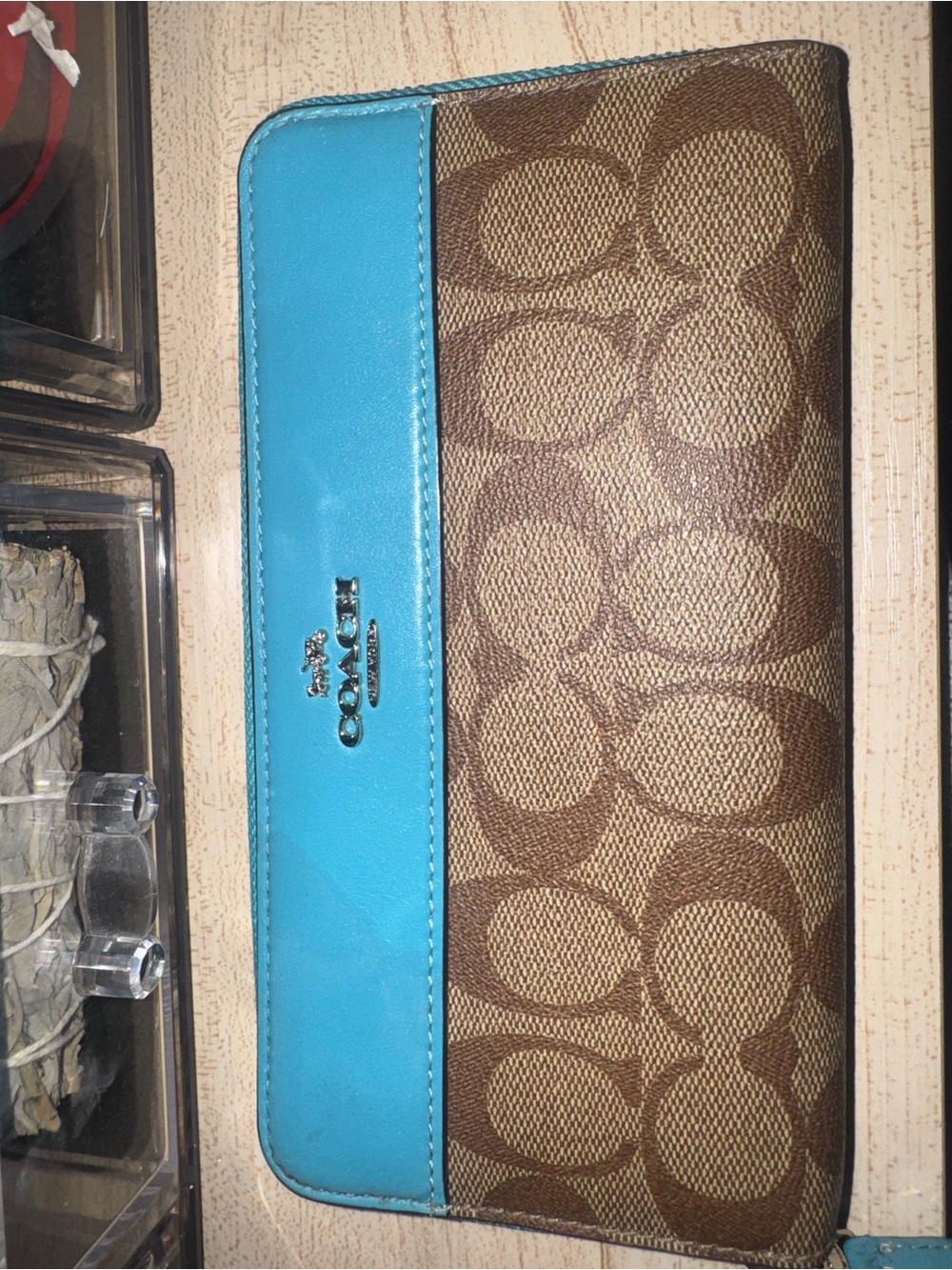 Coach Brown Signature Canvas Wallet with Turquoise Trim